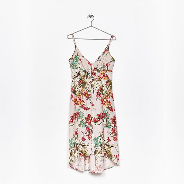 

womens casual v-neck dress fine sling single-breasted decorative short front / rear long u-shaped hem floral print dress, Black;gray