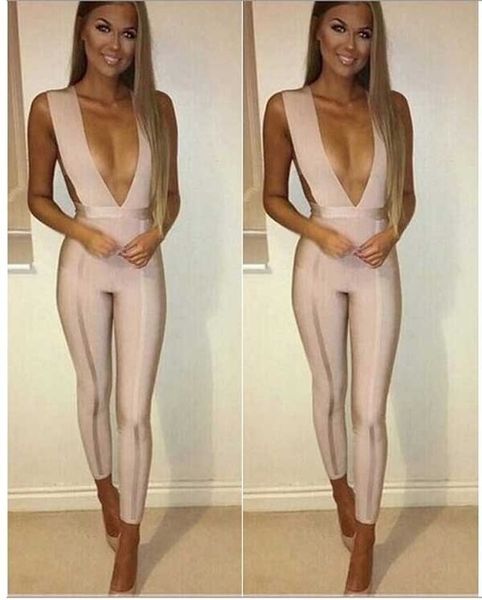 

women v neck beige black bandage jumpsuit 2018 knitted bodycon designer bandage jumpsuit, Black;white