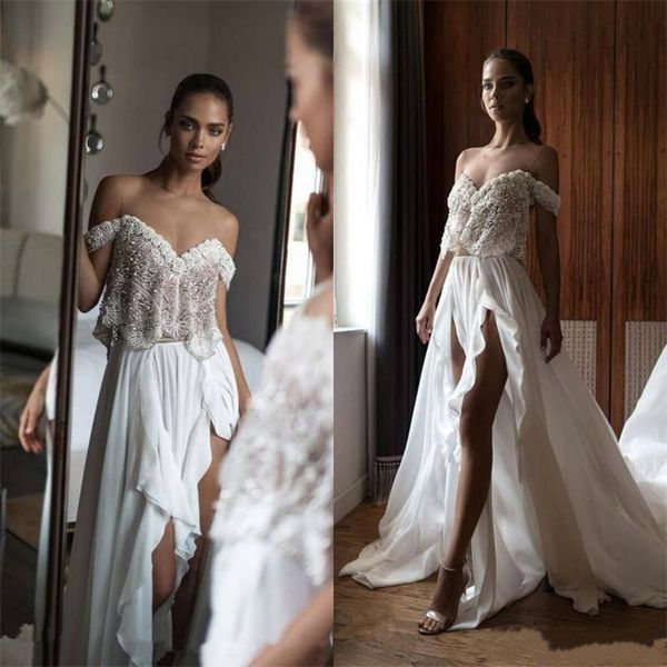 Casamento Elihav Sasson Vestidos Sheer Jewel Neck Robe De Mariee Alta Fenda Dividir Praia Duas Peças Vestidos de Noiva Personalizados