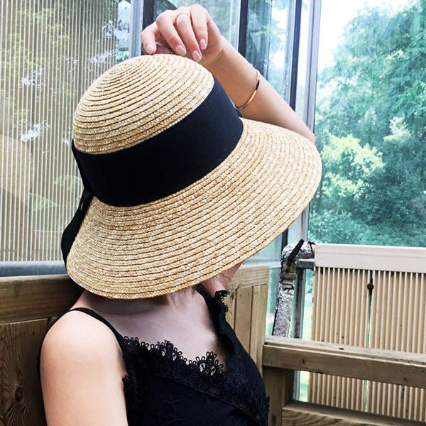 

100% wheat straw summer women beach bucket hat for elegant lady queen wide brim dome round sunhat dropshipping, Blue;gray