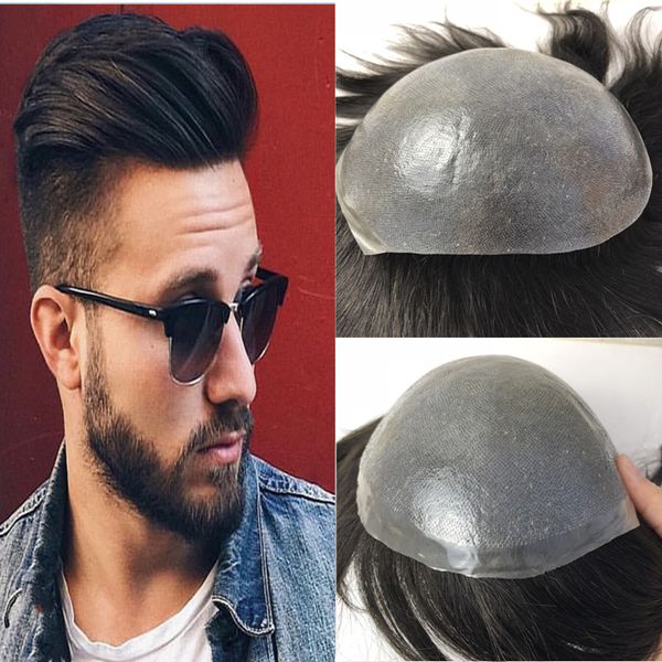 

full pu toupee for men thin skin poly mens toupee replacement system v loop human hair men wig 3 sizes 5 colors hairpiece, Black