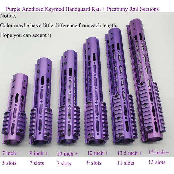 Roxo Anodizado_7 / 9/10/12 / 13,5 / 15 '' Keymod Handguard Rail com 3 seções de trilho Picatinny / Weaver + barra de aço