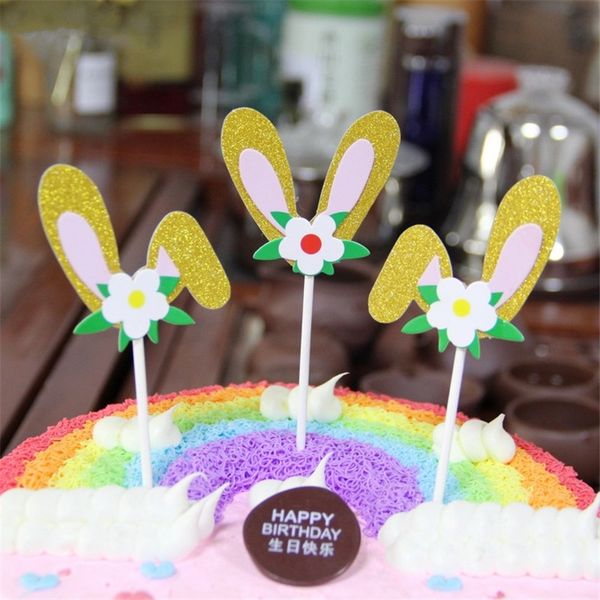 Rabbit Ears Flower Happy Birthday Cake Toppers Decoration Kids