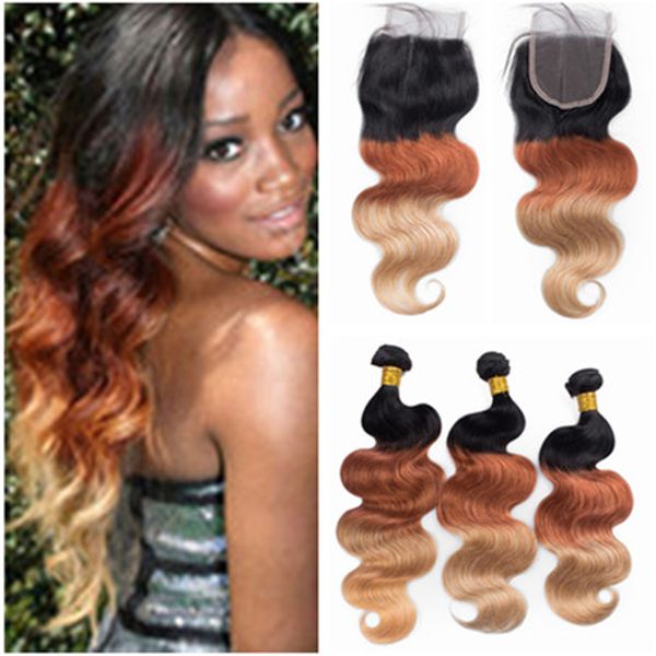 Body Wave 1b 33 27 Honey Blonde Ombre Virgin Hair Weaves With 4x4
