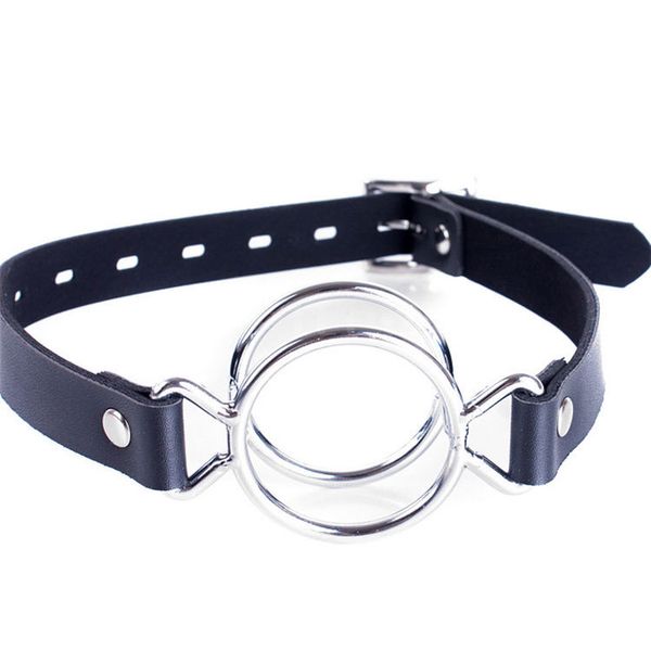 Bondage Open Deep Mouth Gag Throat Head Strap Pu-Leder Edelstahl Dual Ring Schwarz Sex Games Toy # R56