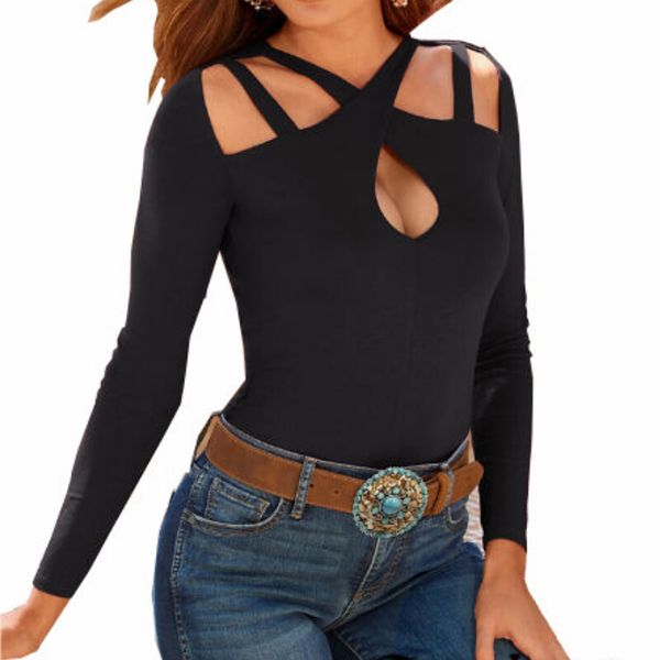 

women halter t shirt long sleeve bandage cross solid color slim tshirt streetwear female tee top, White