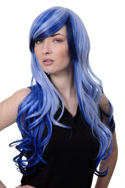 

wig cosplay emo blue by straehnte long head of hair wavy parting 2307, Black;brown