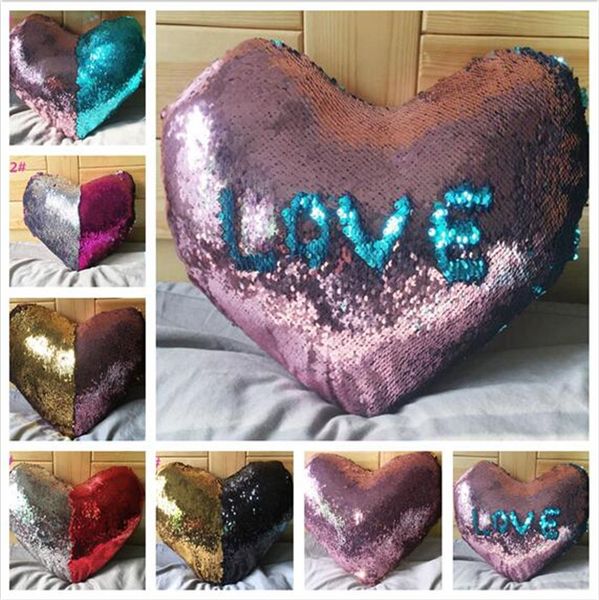 Heart Shaped Sequin Mermaid Pillow Case Cover Reversible Sofa