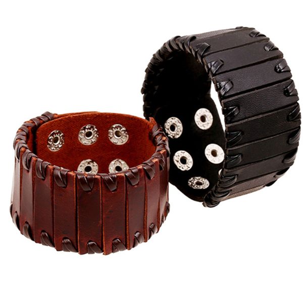 

new fashion leather knitting bracelet black & brown punk style leather wide wristband with alloy snap fastener jewelry accessories wholesale, Golden;silver
