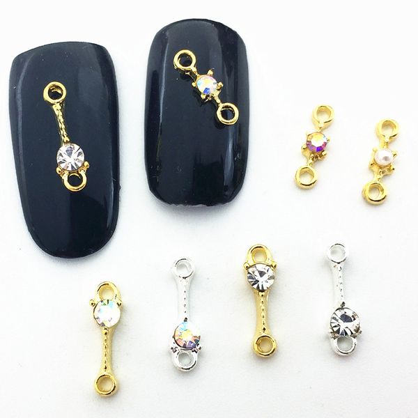 

100pcs/lot japan 3d alloy charm nail art decroration metal kawaii style with glitter crystal pearl diy nails tools for manicure, Silver;gold