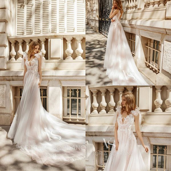 

blush beach wedding dresses spaghetti bow lace appliques long train hollow back boho wedding dress summer western bridal gowns, White