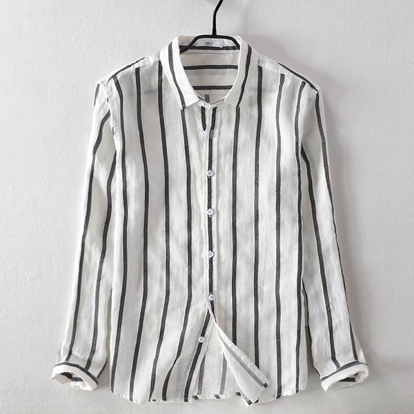 

2018 new men's striped casual linen shirt loose cotton and ramie stripes shirt men square collar autumn shirts male chemise, White;black