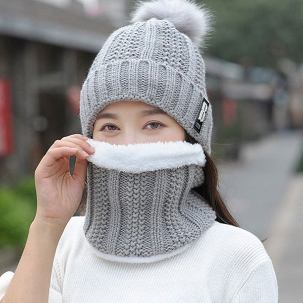 

2pcs women winter scarf hat warm set solid knitted soft cotton bib scarves, Blue;gray