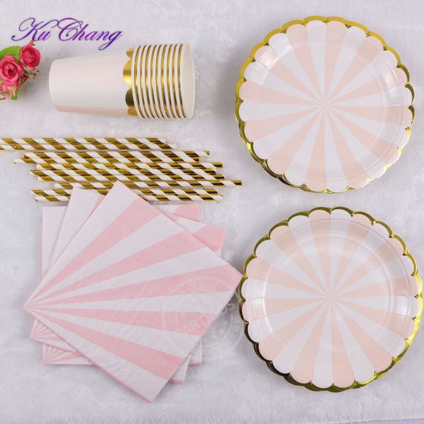 

gilding high-end disposable tableware set pink striped paper plates cups napkins party wedding carnival tableware supplies