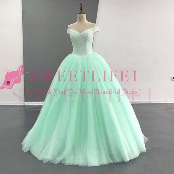 

2019 mint green off the shoulder quinceanera dresses lace up beaded crystal ball gown puffy tulle sweet 16 18 formal evening occasion dress, Blue;red