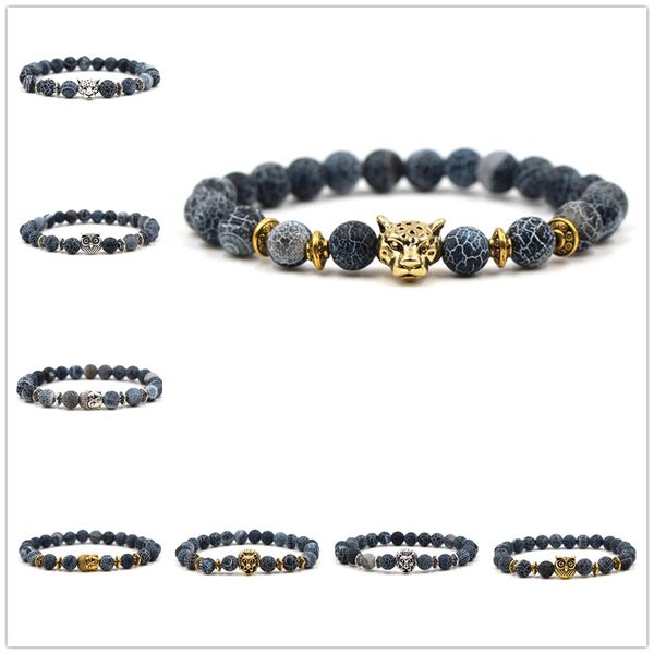 8 mm verwittertes Steinperlen-Armband, antikes Gold, Silber, Eule, Leopard, Löwenkopf, Charms, Pulseira Feminina, Buddha-Schmuck