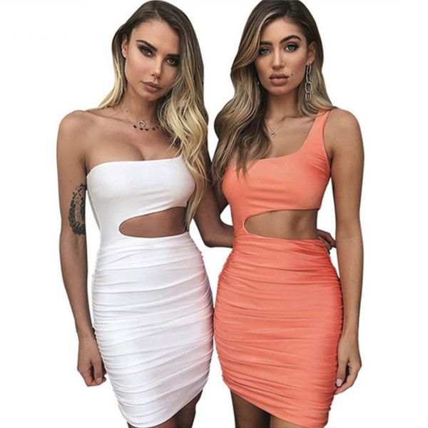 

2 style one shoulder bodycon summer dress women hollow out strapless ruched beach party tunic white bandage vestido, White;black