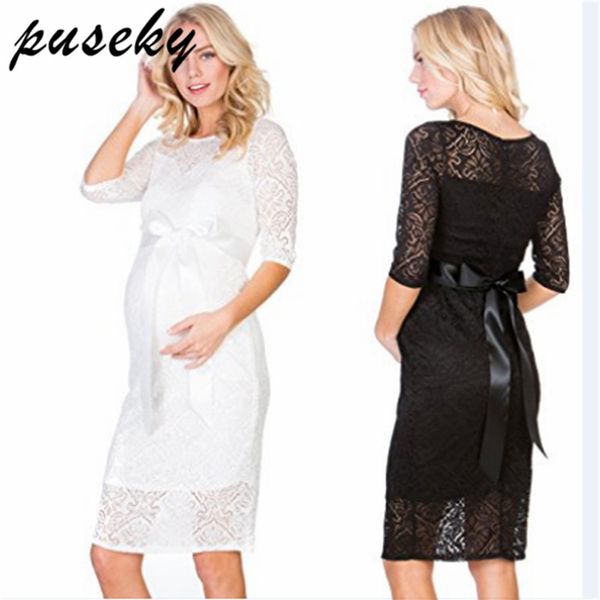 

puseky lace elematernity officia dress half sleeve o-neck two layers maternity dress for pregnancy evening party dress, White