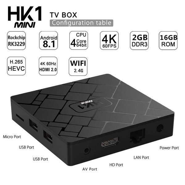 

hk1 mini smart tv box android 9 2gb 16gb rk3229 quad core set box h.265 4k hdmi 2.4g wifi media player