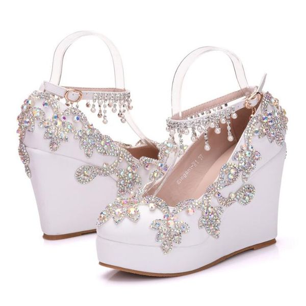 

новый fashionl круглый toe обувь для женщин бисером каблуки мода платформа свадебные туфли клин пятки обувь элегантный плюс размер кристалл, Black