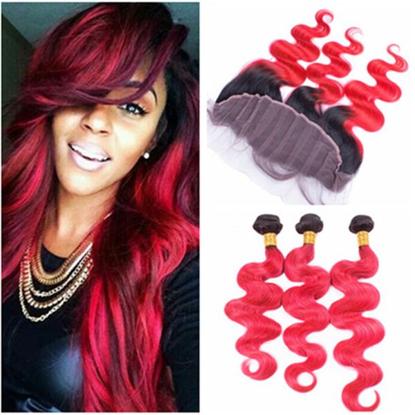 Virgin Brazilian Ombre Red Human Hair 3 Bundles Deals With Frontal