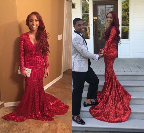 

Sexy Bling Red Sequined Dresses Mermaid Prom Dresses African Black Girl Long Sleeves V Neck Prom Gowns Dubai Fiesta Evening Gowns