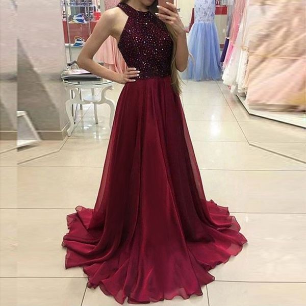 

2018 fashion elegant long maxi dresses sequined summer dress women halter backless mesh black red party dress noir vestidos, White;black