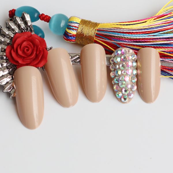 

2018 fashion beautiful candy color nail finished fake nails long paragraph 24pcs blown m46, Red;gold