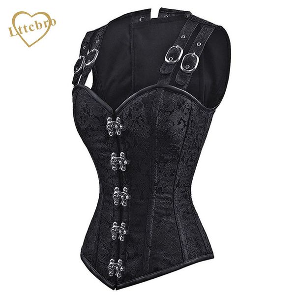 Preto Steampunk Corset E Bustier Brocade Sexy Cupless Colete Espartilho Gótico Espartilhos De Aço Desossada Cosplay Roupas