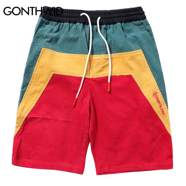 

gonthwid vintage color block corduroy shorts 2018 summer hip hop embroidery patchwork casual shorts fashion elastic waist, White;black