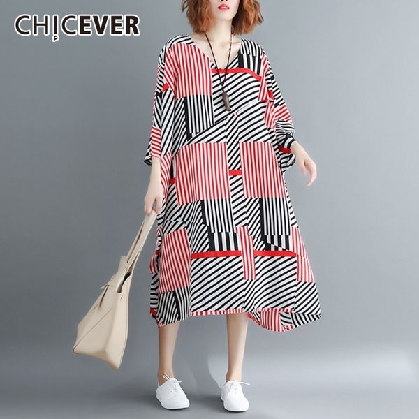 

chicever hit colors striped dresses for women v neck batwing sleeve asymmetric hem loose oversize midi dress female fashion tide, White;black