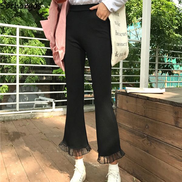 

pants women solid high waist elastic ruffle patchwork slim leisure flare pant womens simple korena style trousers ladies chic, Black;white
