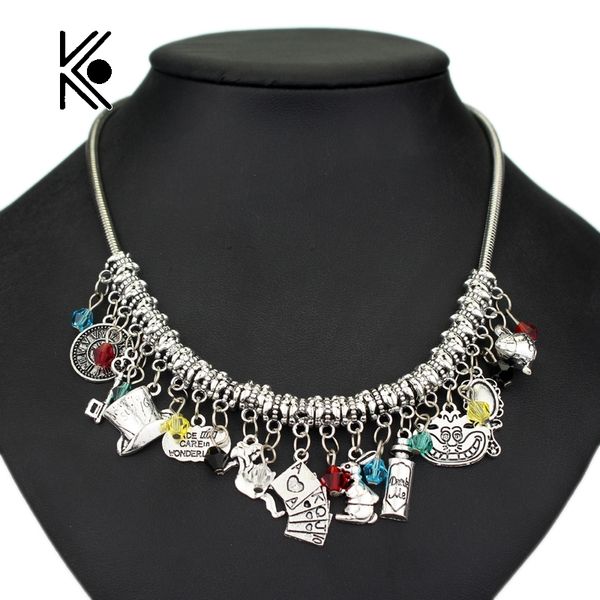

whole sale2017 brand new diy jewelry alin wonderland mad hatter hat eat me drink me mini bottle stainless steel chain pendant necklace, Silver