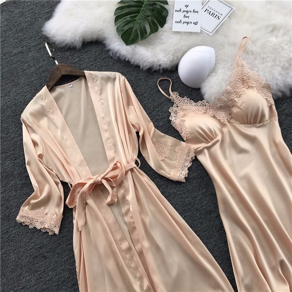 

women robes gown sets lace satin sleepwear pajamas nightwear silk night skirts home clothing sleep lounge with chest pads, Black;red