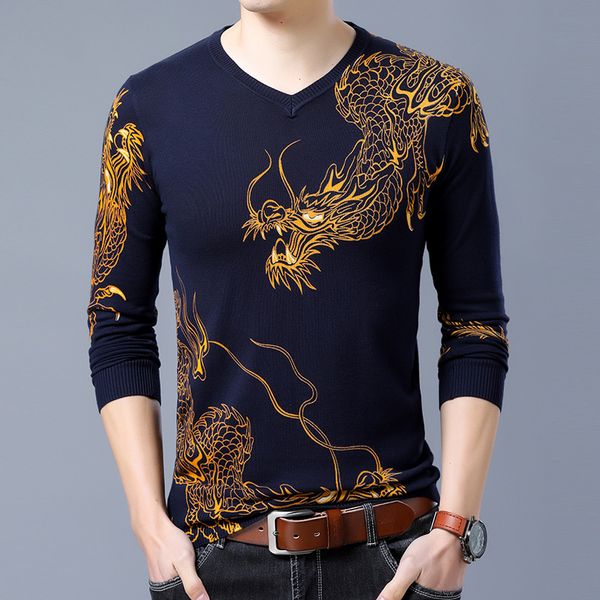 

chinese dragon golden printing fashion trend pullover knit sweater autumn 2018 quality cotton soft elastic sweater men dark blue, White;black