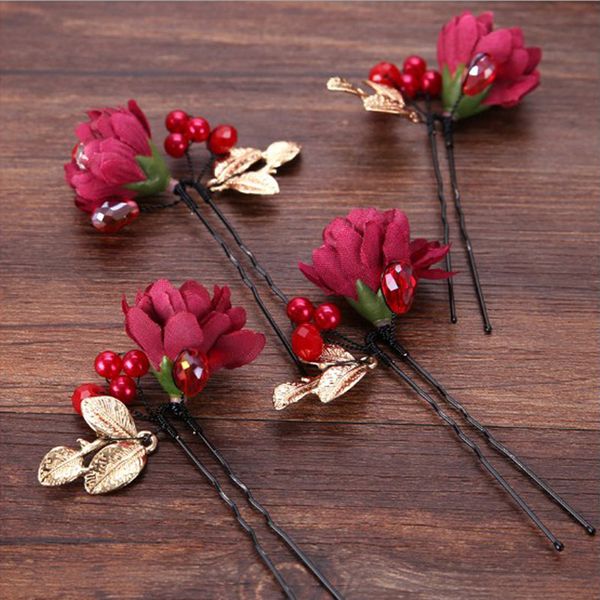 

hairpins beautiful red yarn flowers hairclip wedding party women bridal haircombs crystal fascinate ladies dress headband, Golden;silver