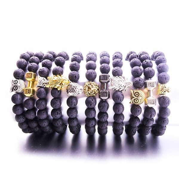 Estilos misturados 8mm Natural Preto Lava Stone Beads Coruja Pulseira DIY Perfume Difusor de Óleo Essencial Pulseira para as mulheres Yoga Jóias