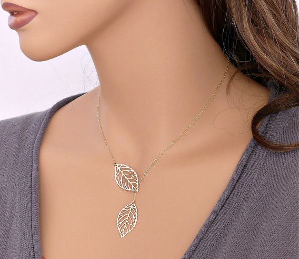 

листья ожерелье, auniquestyle простой европейский новая мода старинные панк полые два листа ключицы цепи очарование ювелирные изделия женщин, Silver