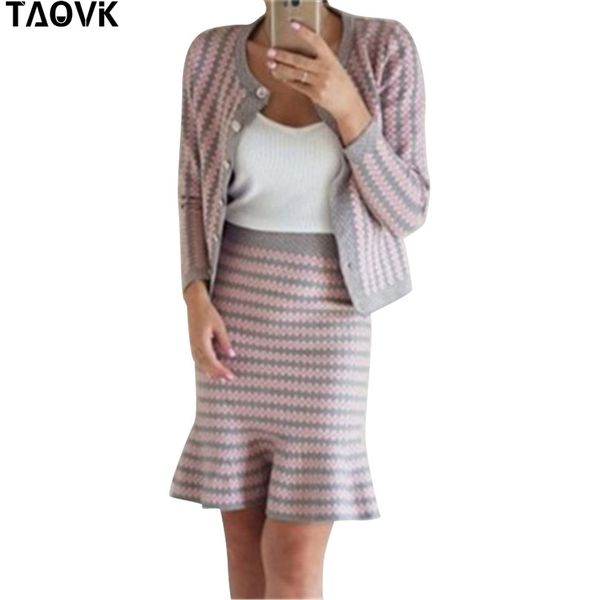 

taovk knitted cardigan suit women single-breasted buttons sweater two pieces set long sleeved fishtail skirt suits, White;black