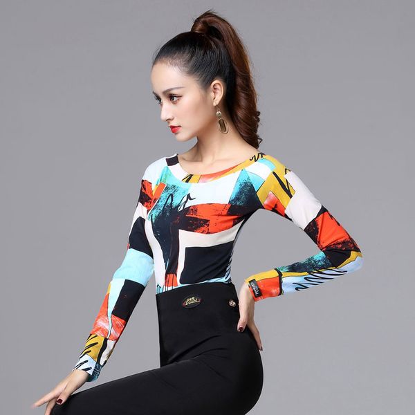 

woman latin dance print shirts long sleeve competition performance wear short sleeve ballroom samba chacha dance cloth, Black;red