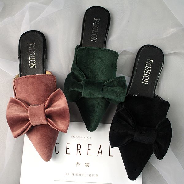 

big velvet bow sandals women pointed toe slippers brand designer bowtie mules ladies summer shoes sandalias mujer y131, Black