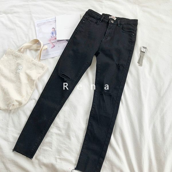 

autumn good quality korean pencil jeans simple knee cut retro high waist black thin stretch denim pants, Blue