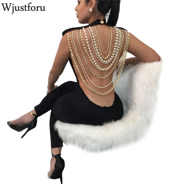 

wjustforu pearl chain backless jumpsuit female outfits bodycon club party overalls femme rompers womens jumpsuit, Black;white