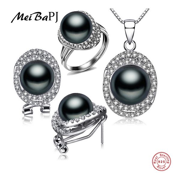 

meibapj 925 silver 100% genuine black freshwater pearl pendant necklace earrings ring jewelry sets for women tz-004y