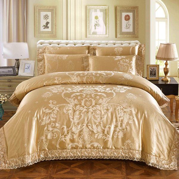 Sliver Golden Luxury Queen King Size Bedding Sets Lace Silk Satin Cotton Bed Set Duvet Cover Sheet Bedlinens Pillowcase