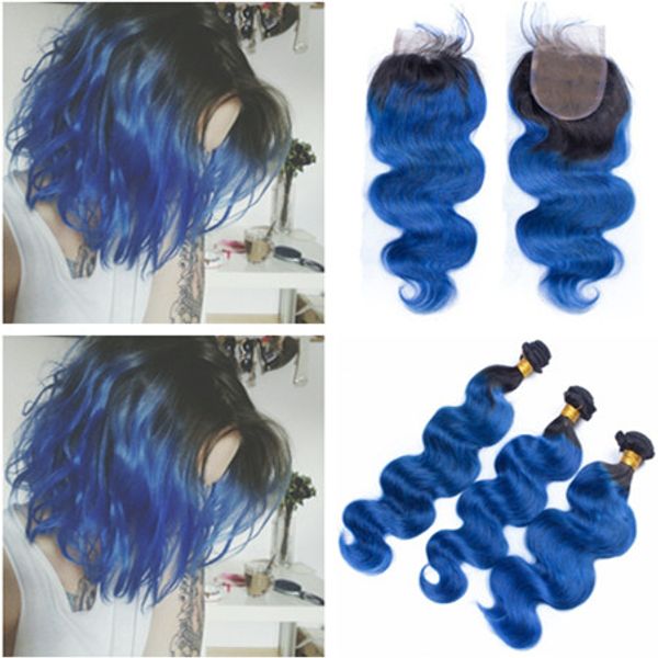 

body wave 1b/blue ombre indian virgin human hair bundles deals with closure ombre blue hair weaves extensions with 4x4 lace closure piece, Black;brown