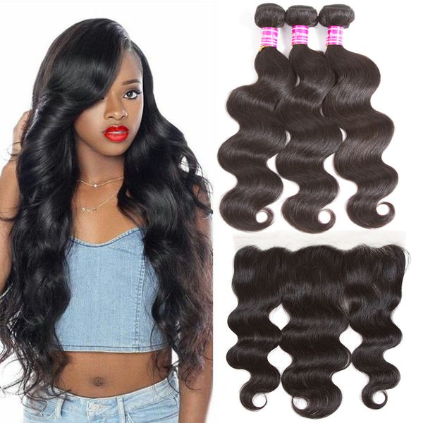 

brazilian 10a human hair weaves body wave 3 bundles with frontal ear to ear virgin hair extensions body wave wefts, Black