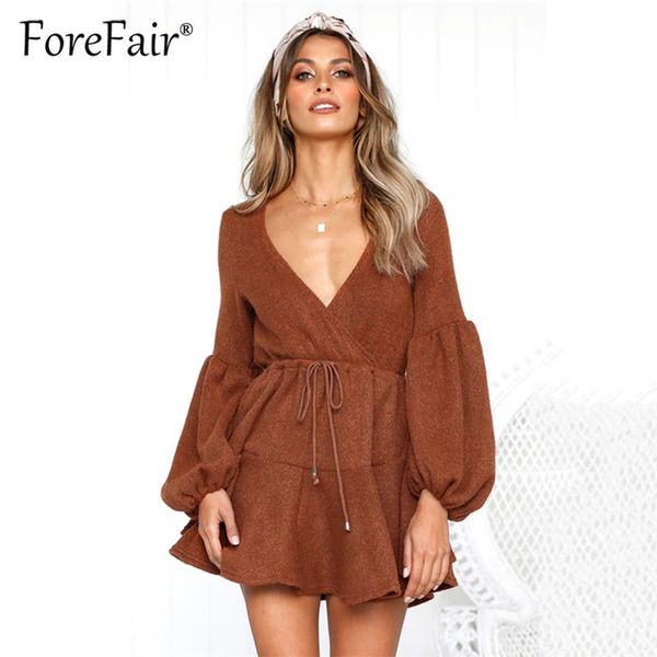 

forefair autumn winter dress 2018 women puff long sleeve v neck drawstring a-line mini dress ladies party dresses, Black;gray
