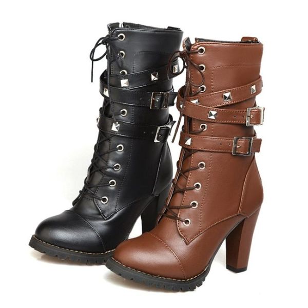 

women high heeled rivet buckle straps lace-up zipper mid calf punk boots, Black