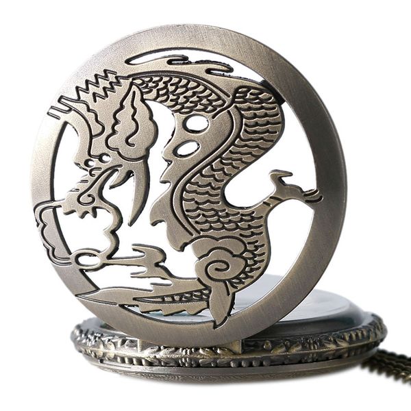 

retro bronze chinese dragon women men quarzt pocket watches with vintage necklace chain fashion fob watch for gifts, Slivery;golden